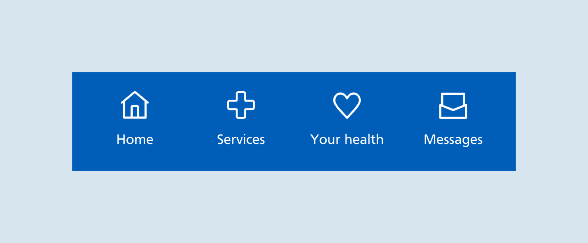 The bottom navigation menu. It contains four icons with text labels: Home, Services, Your health and Messages.