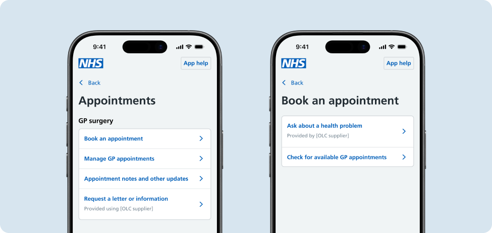 Two NHS App screens. The first is a page titled Appointments. It links to a second page with the heading Book an appointment.