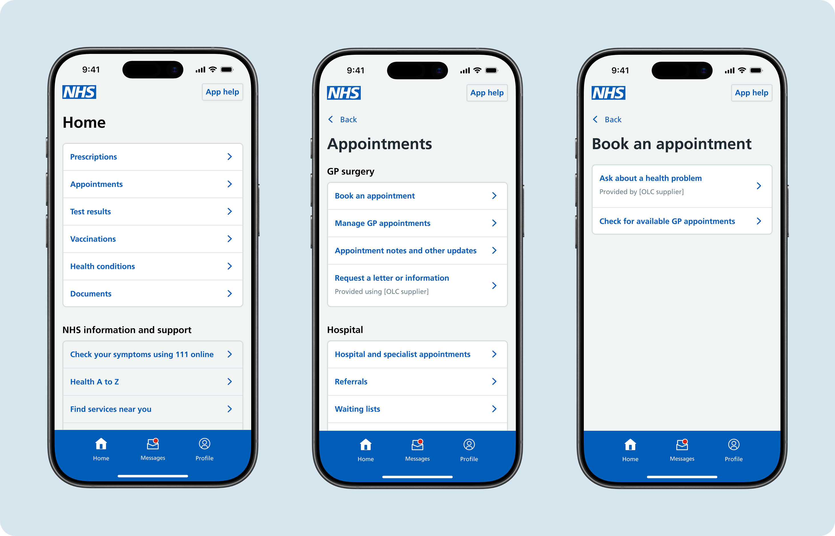Three NHS App screens showing common page structure elemenets: main headings, section headings and card links.