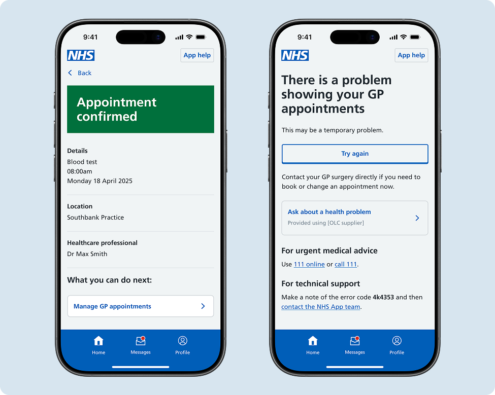 Two NHS App pages showing links to related pages.