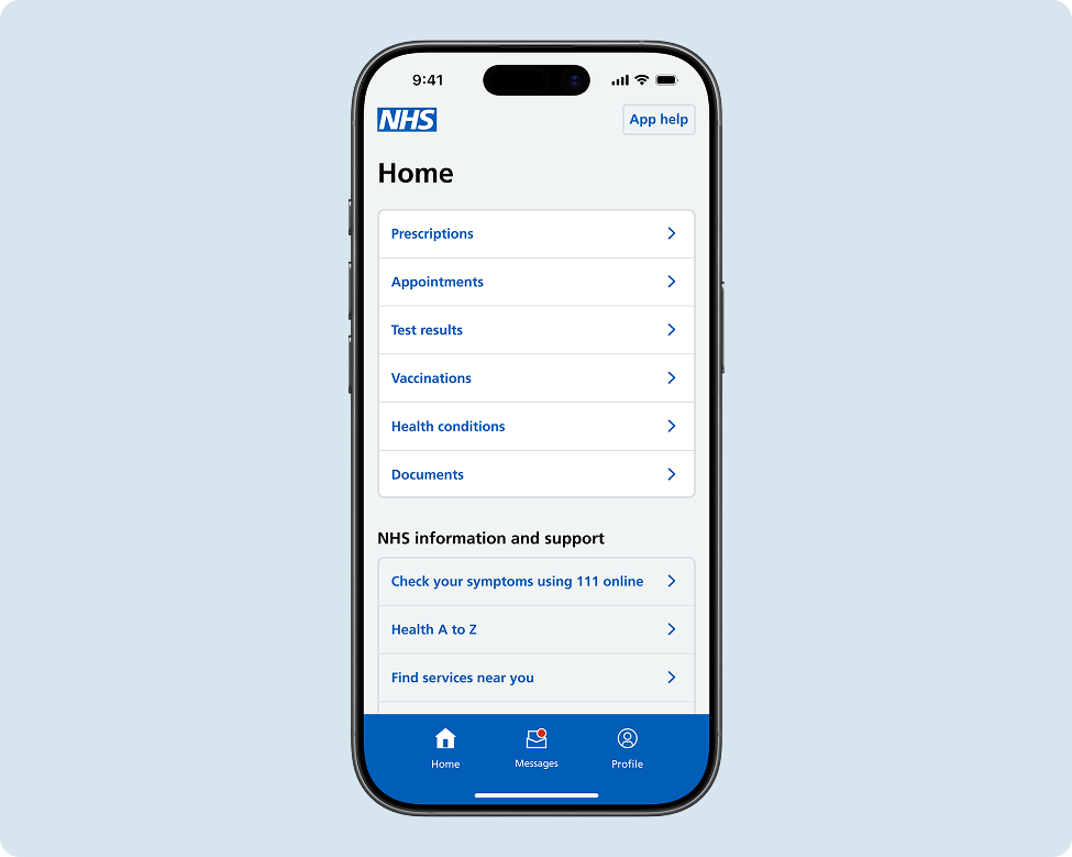 The Home hub page in the NHS App