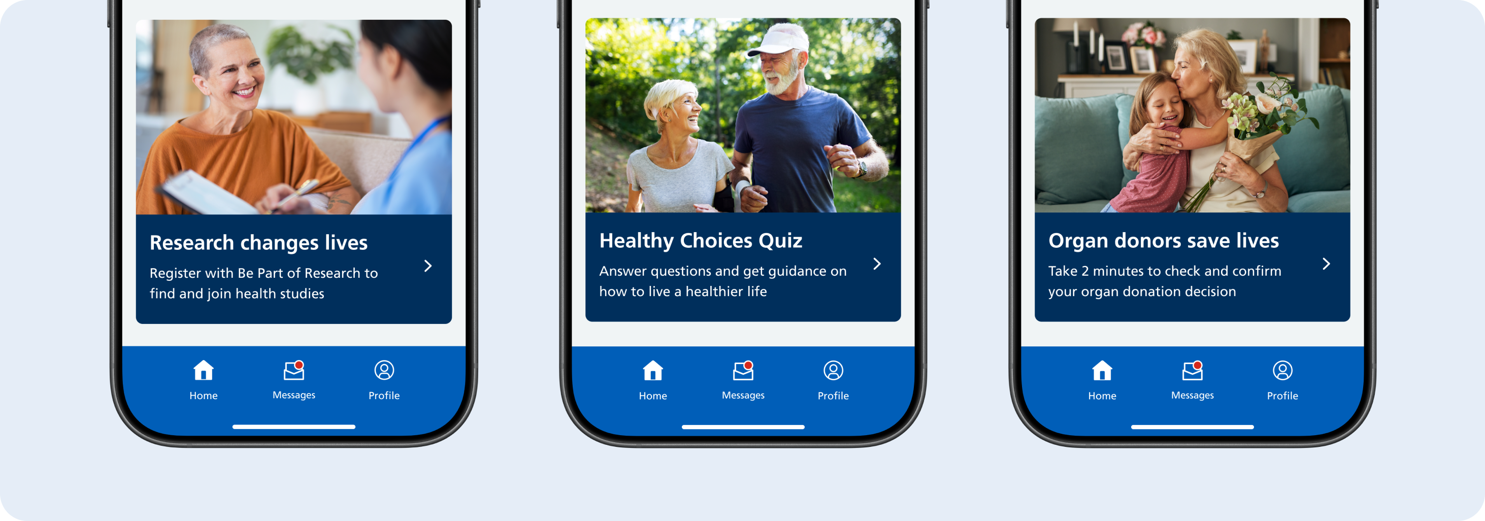 Examples of campaign cards on the Home hub page