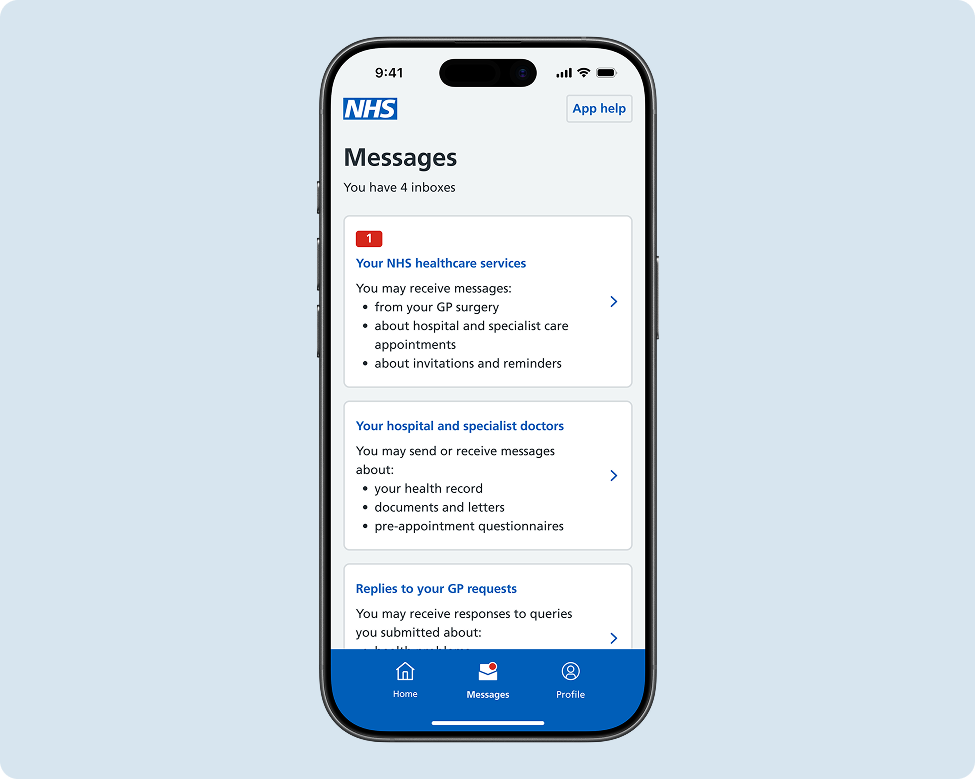 The Messages hub page in the NHS App