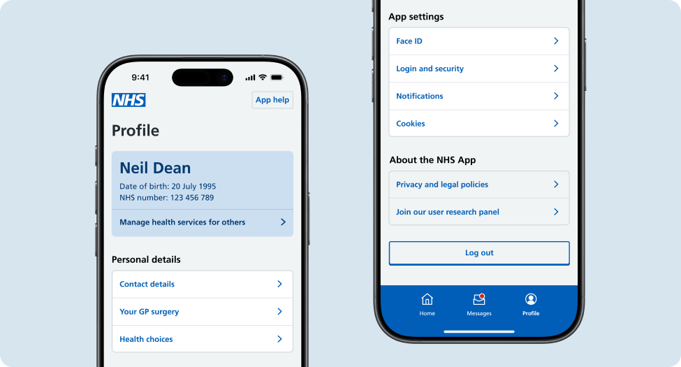 The Profile hub page in the NHS App