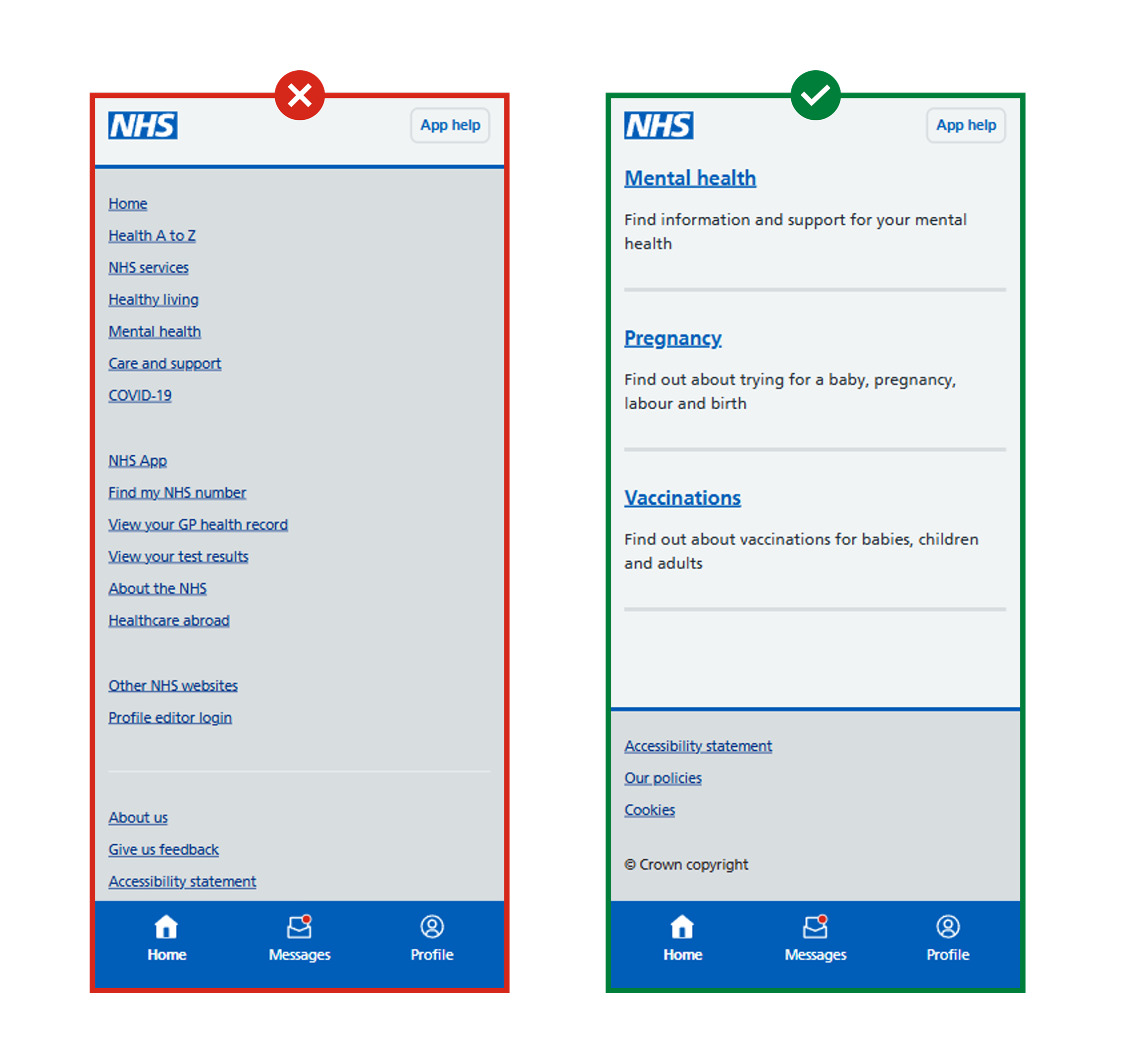 Two screens showing the NHS website opening in a web view within the NHS App. The first shows the full NHS website footer visible in the web view: it has a red cross against it. The second shows a simplified version of the footer: it has a green tick against it.