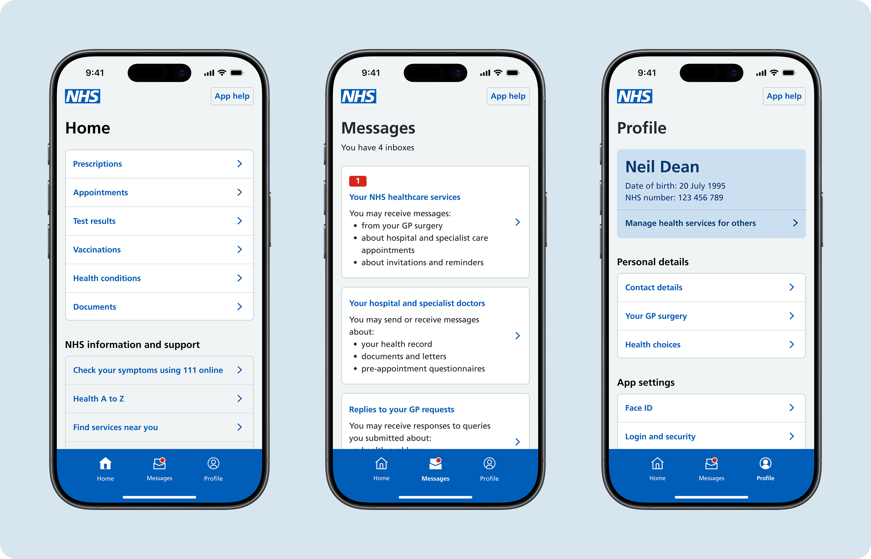The three main hub pages of the NHS App: Home, Messages and Profile