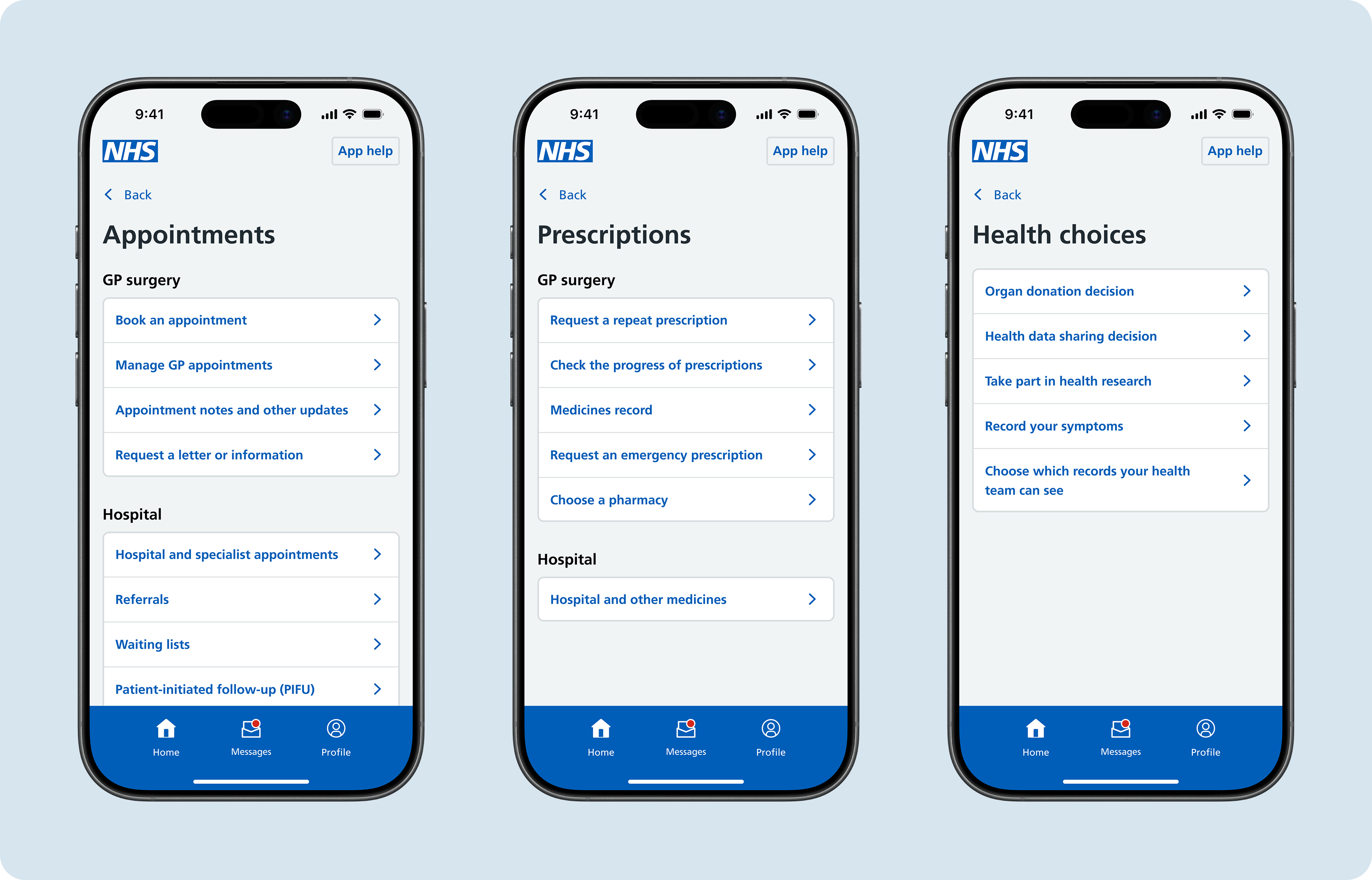 The structure of a sub-hub page in the NHS App