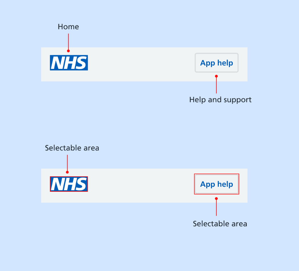 Details of the top navigation menu. Selecting the NHS logo leads to the home screen of the NHS App. The app help button goes to the help and support pages.