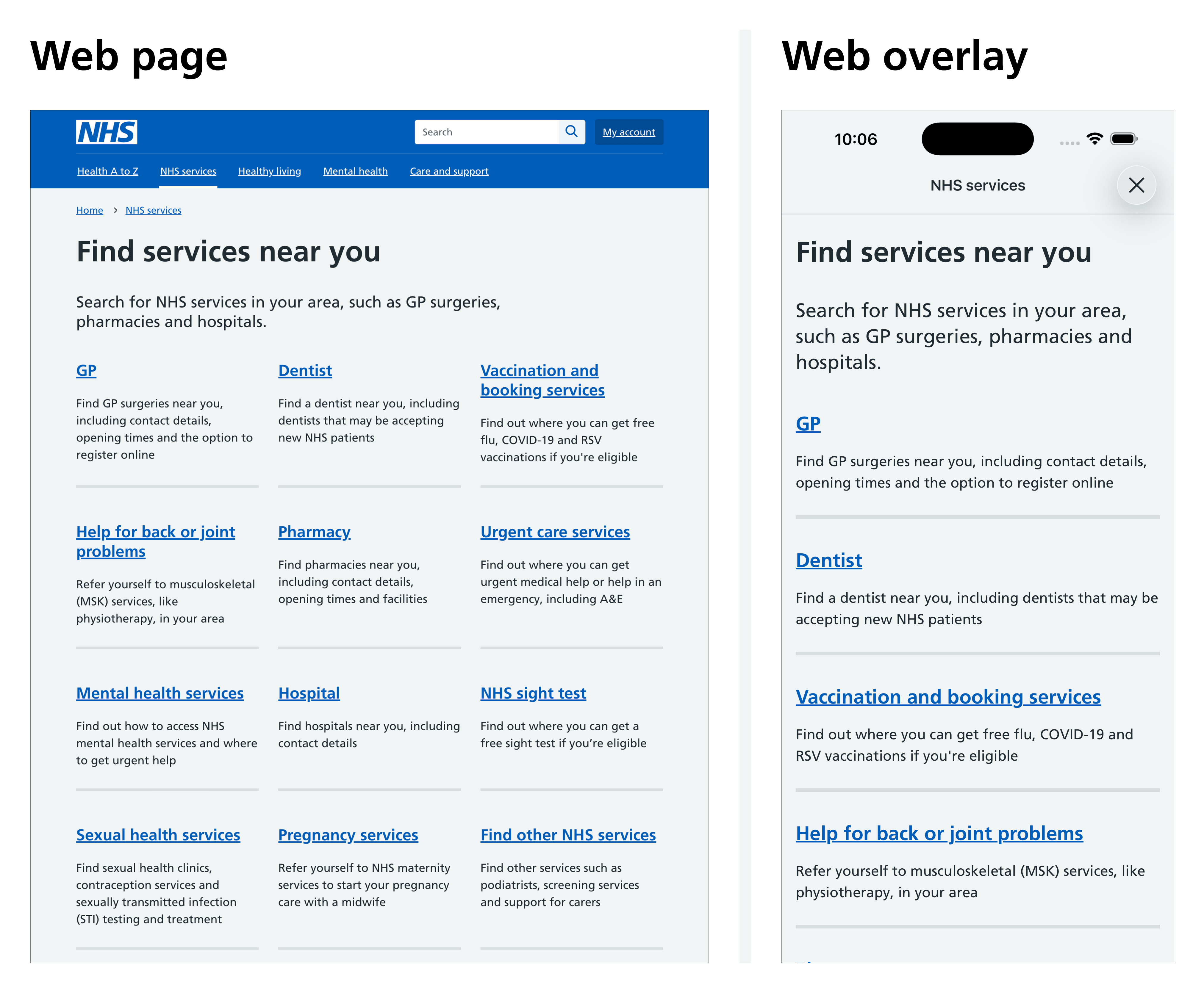Example of the Find services near you page on a website, and then the same page with elements hidden in a custom web view.