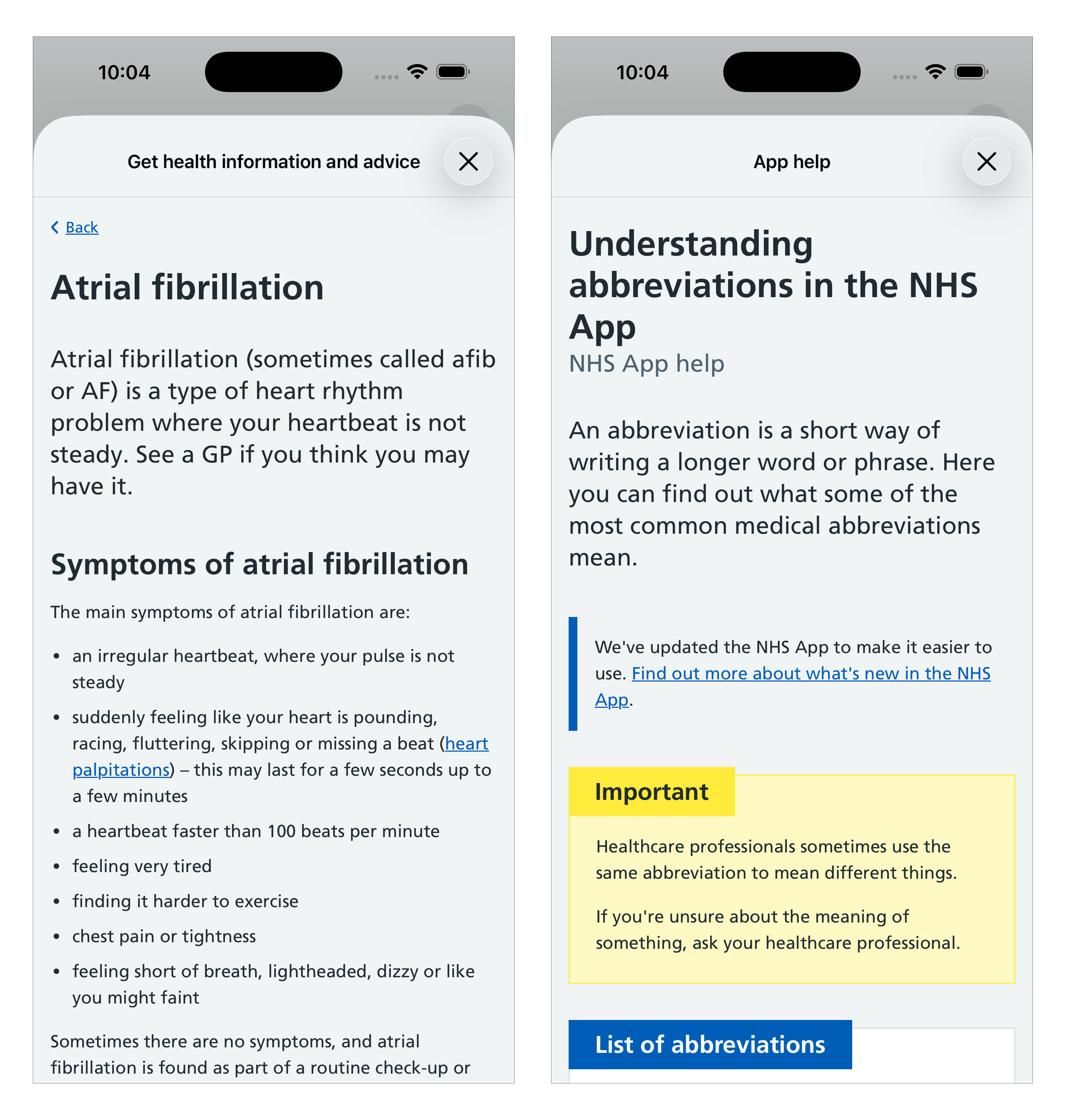 Video of a user who is already in a full-screen custom web view selecting an NHS website. It opens in a sheet the slides over the top of the full-screen overlay.